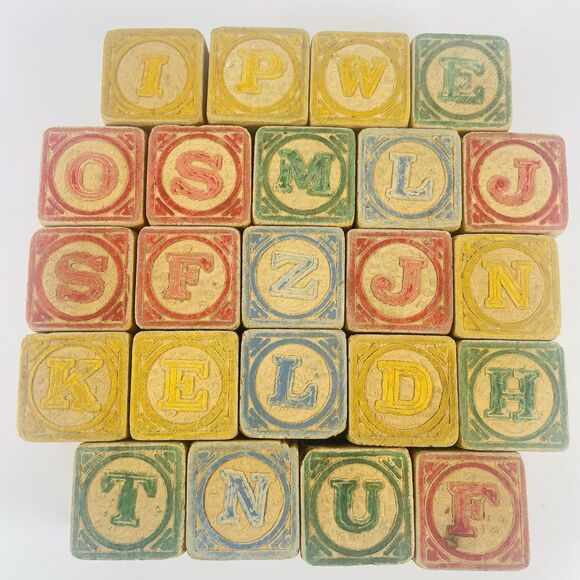 Antique Wooden Alphabet Toy Blocks Numbers Letters Animals Early 1900s Lot of 23 - Picture 2 of 8